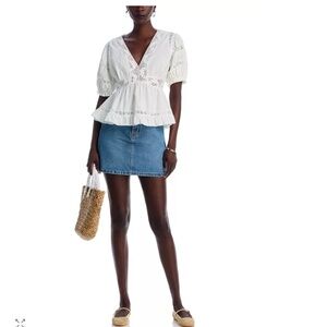 White Eyelet Peplum V-Neck Blouse with Short Puff Sleeves